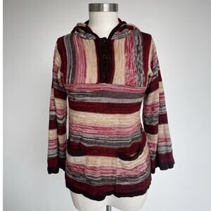 Vtg 70s WOOLCO Striped Neutral Knit Hooded Sweater Top / Sz M / Boho Hippie